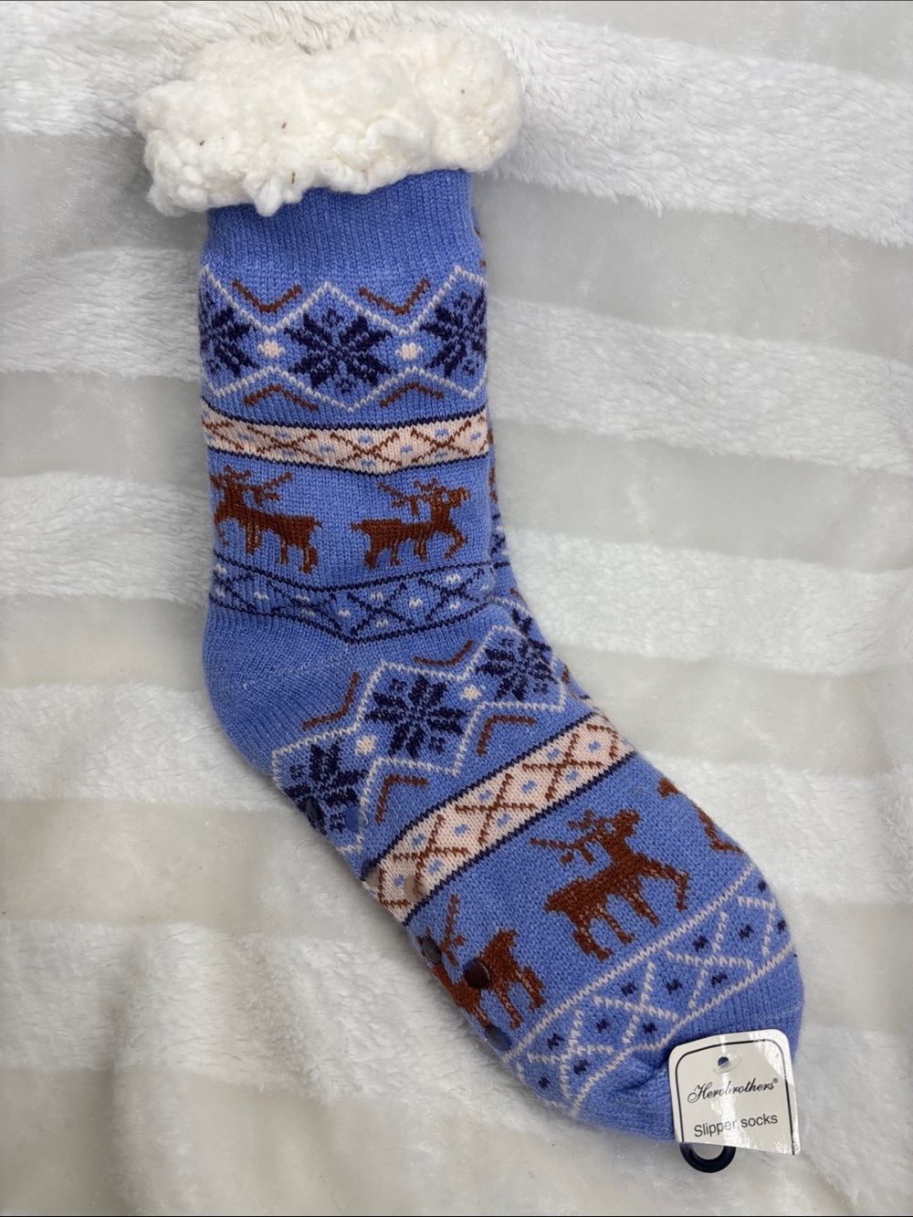 Cozy Blue Reindeer Sherpa-Lined Slipper Socks